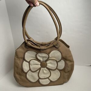 RELIC Women Hand Bag Purse Brown Tan Oversized Flower Canvas Embellishment